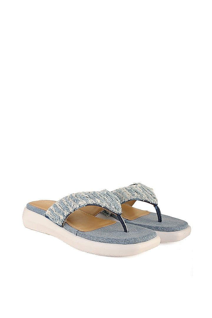 Blue Denim Hand Embroidered Sandals by Anaar at Pernia's Pop Up Shop