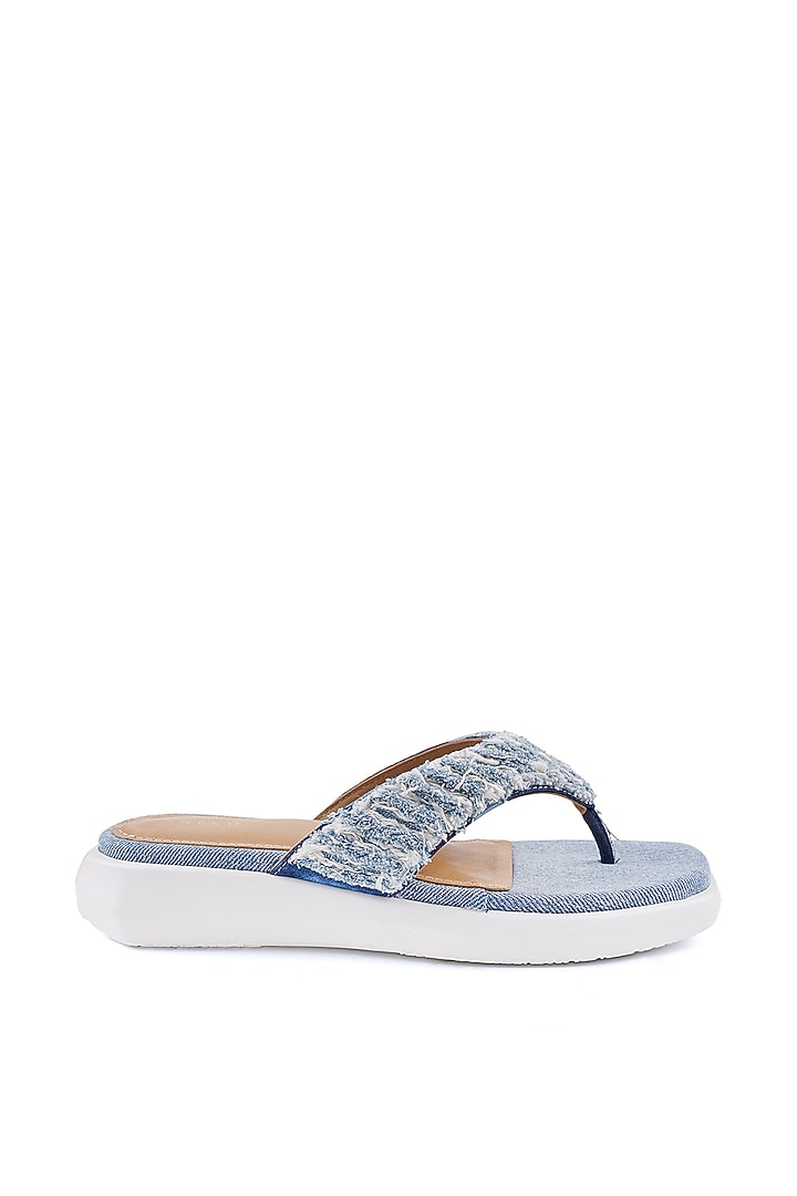 Blue Denim Hand Embroidered Sandals by Anaar at Pernia's Pop Up Shop