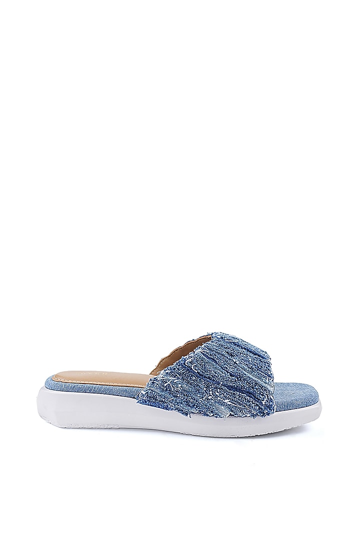 Blue Denim Hand Embroidered Sandals by Anaar at Pernia's Pop Up Shop