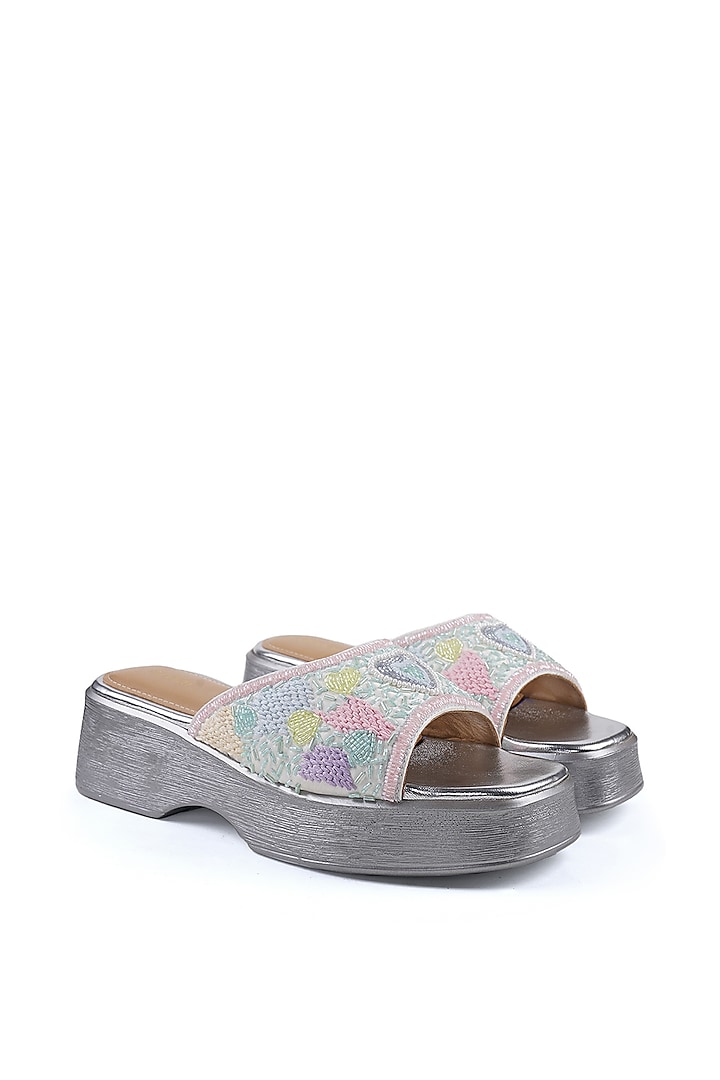 Multi-Colored Satin Pearl Hand Embroidered Sandals by Anaar at Pernia's Pop Up Shop