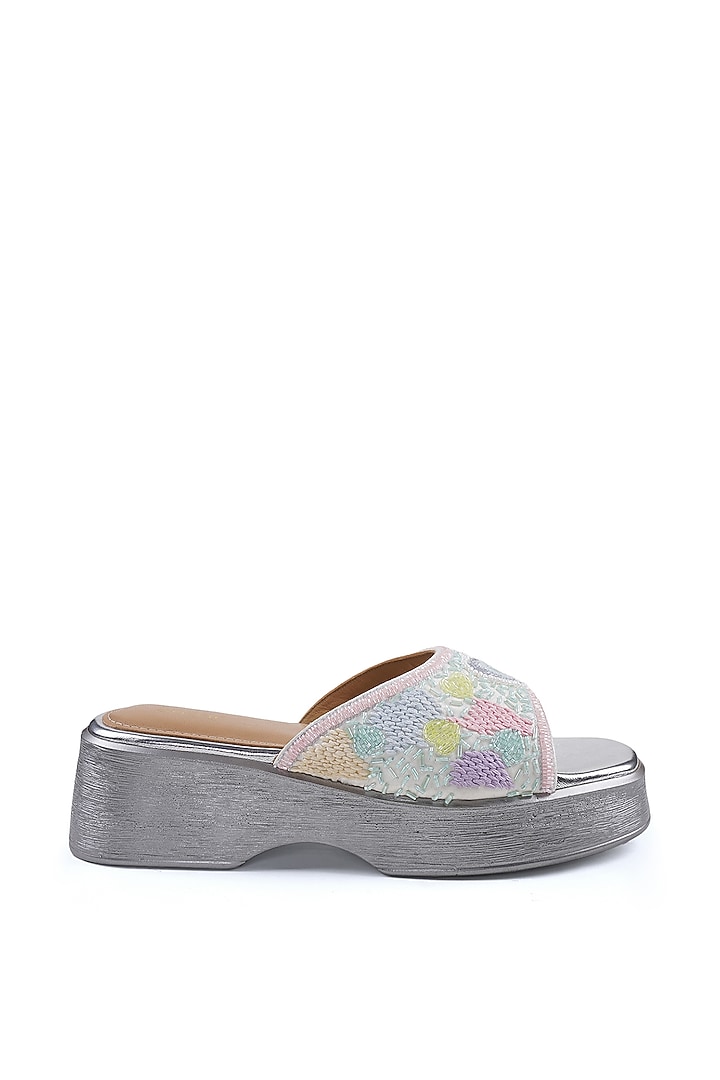 Multi-Colored Satin Pearl Hand Embroidered Sandals by Anaar at Pernia's Pop Up Shop