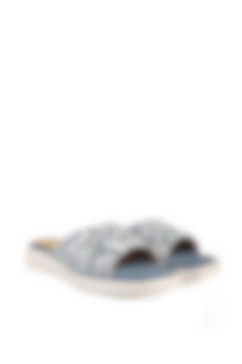 Blue Denim Floral Hand Embroidered Sandals by Anaar at Pernia's Pop Up Shop