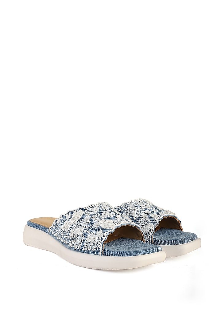 Blue Denim Floral Hand Embroidered Sandals by Anaar at Pernia's Pop Up Shop