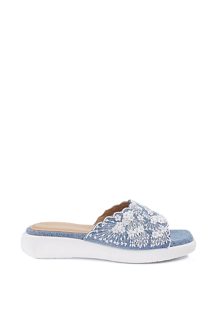 Blue Denim Floral Hand Embroidered Sandals by Anaar at Pernia's Pop Up Shop