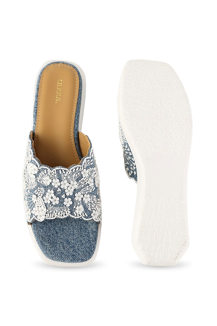 Blue Denim Floral Hand Embroidered Sandals by Anaar at Pernia's Pop Up Shop