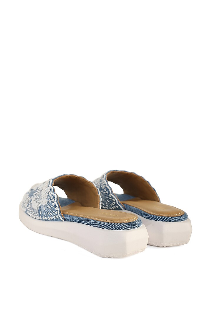 Blue Denim Floral Hand Embroidered Sandals by Anaar at Pernia's Pop Up Shop