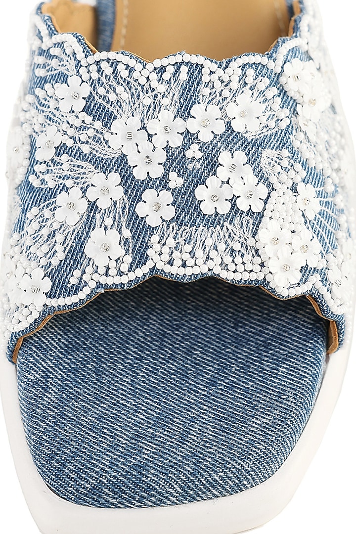Blue Denim Floral Hand Embroidered Sandals by Anaar at Pernia's Pop Up Shop