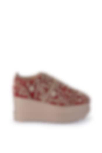 Crimson Red Velvet Embellished Wedge Sneakers by Anaar at Pernia's Pop Up Shop