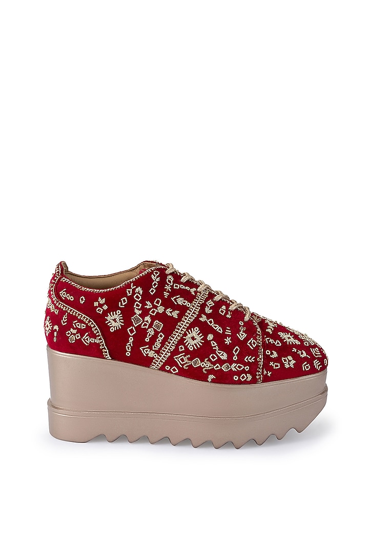 Crimson Red Velvet Embellished Wedge Sneakers by Anaar at Pernia's Pop Up Shop