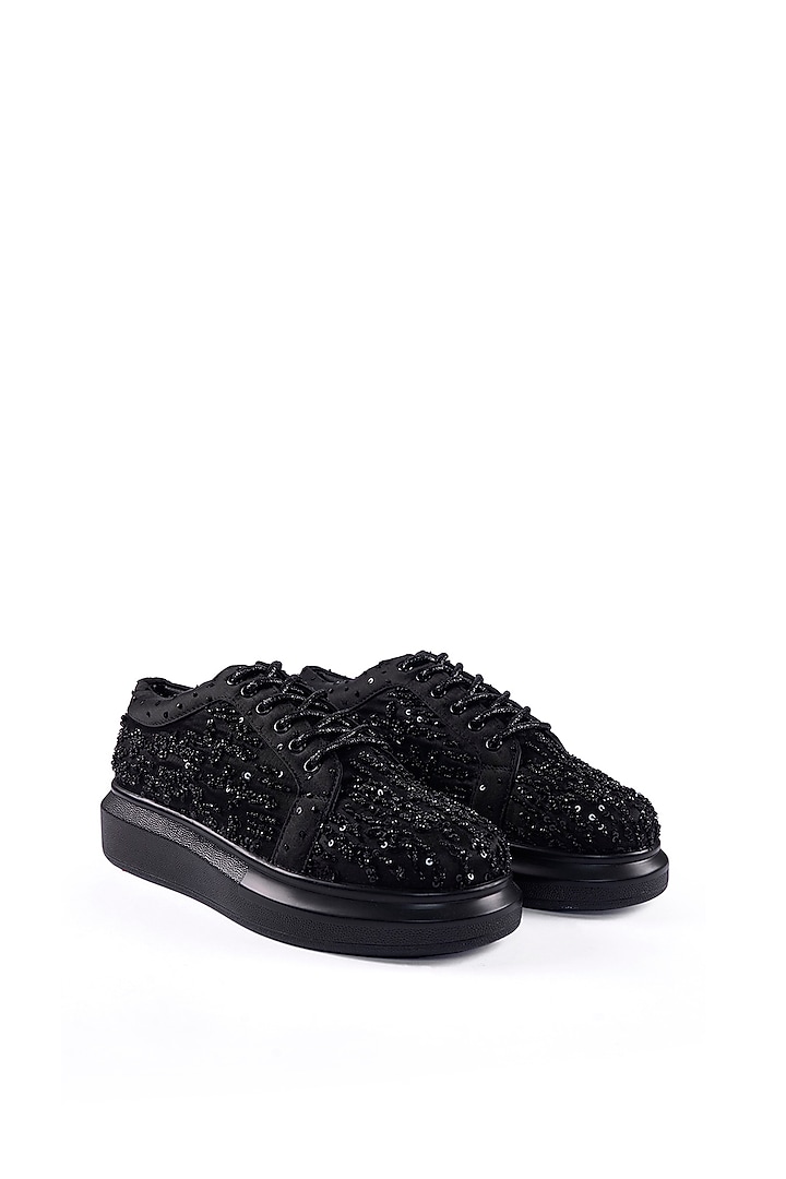 Black Satin Sequins & Bead Hand Embellished Sneakers by Anaar at Pernia's Pop Up Shop