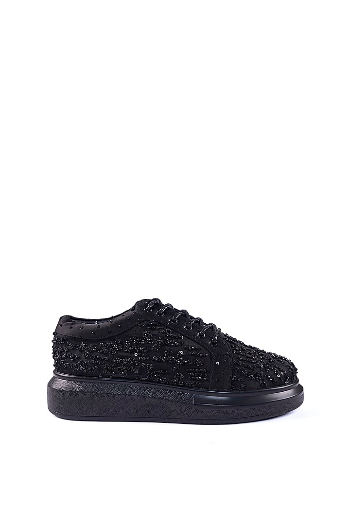 Black Satin Sequins & Bead Hand Embellished Sneakers by Anaar at Pernia's Pop Up Shop