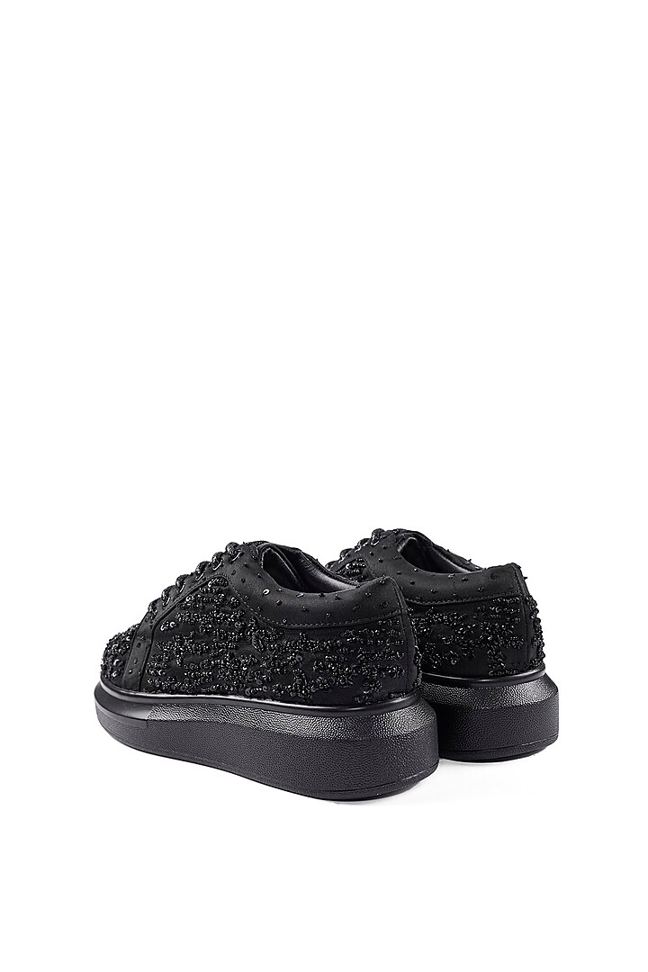 Black Satin Sequins & Bead Hand Embellished Sneakers by Anaar at Pernia's Pop Up Shop