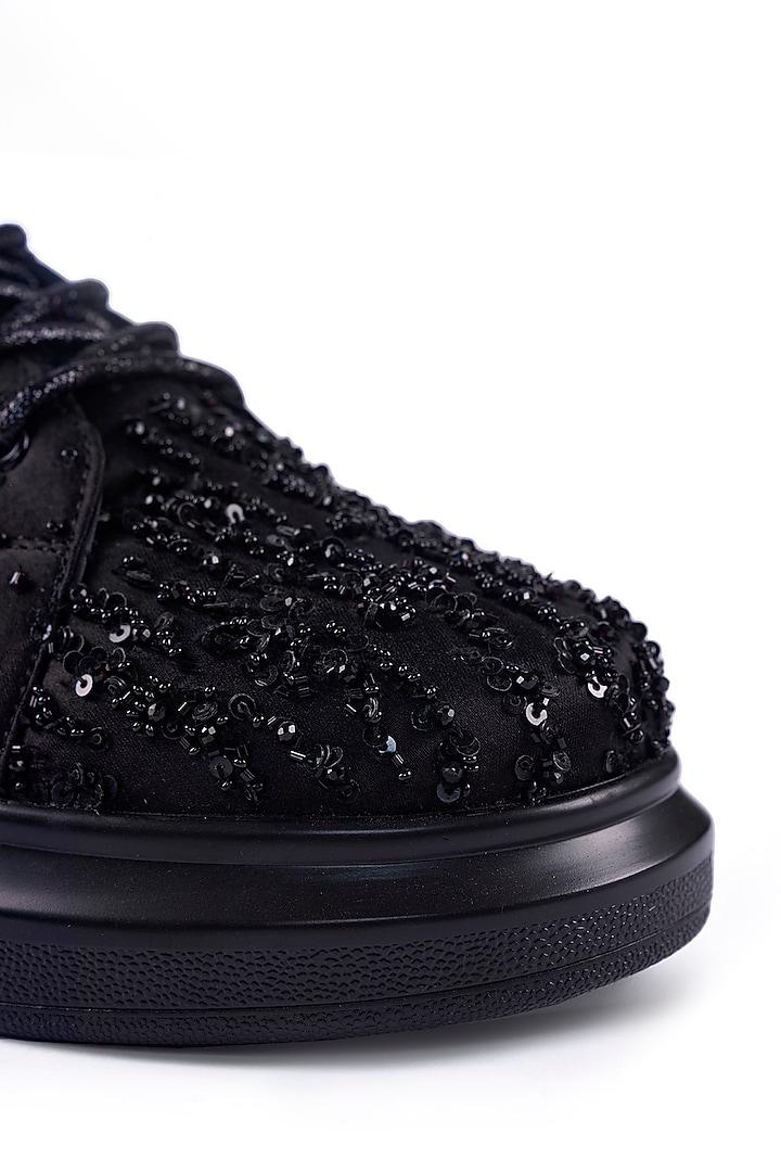 Black Satin Sequins & Bead Hand Embellished Sneakers by Anaar at Pernia's Pop Up Shop