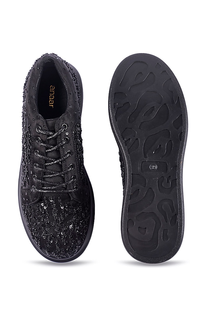 Black Satin Sequins & Bead Hand Embellished Sneakers by Anaar at Pernia's Pop Up Shop