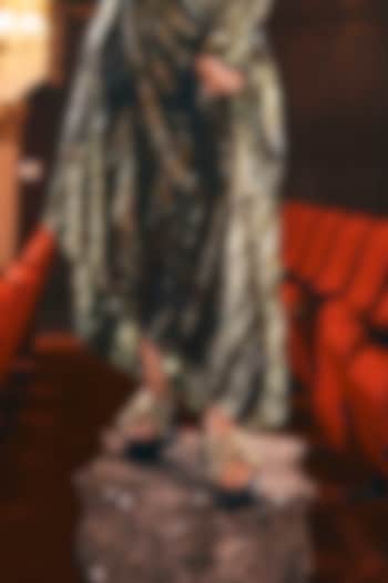 Black Satin Sequins & Cutdana Hand Embroidered Wedges by Anaar at Pernia's Pop Up Shop