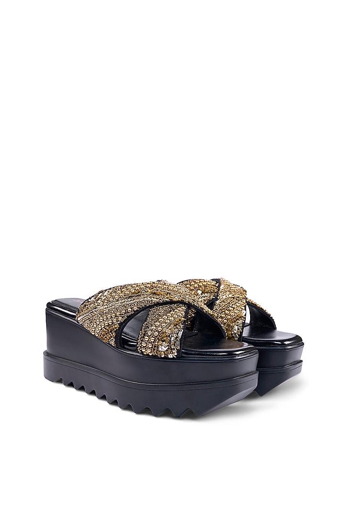 Black Satin Sequins & Cutdana Hand Embroidered Wedges by Anaar at Pernia's Pop Up Shop