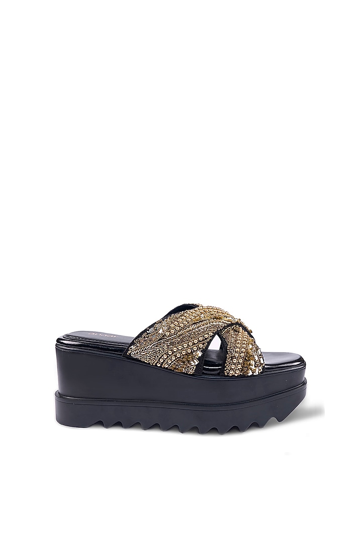 Black Satin Sequins & Cutdana Hand Embroidered Wedges by Anaar at Pernia's Pop Up Shop