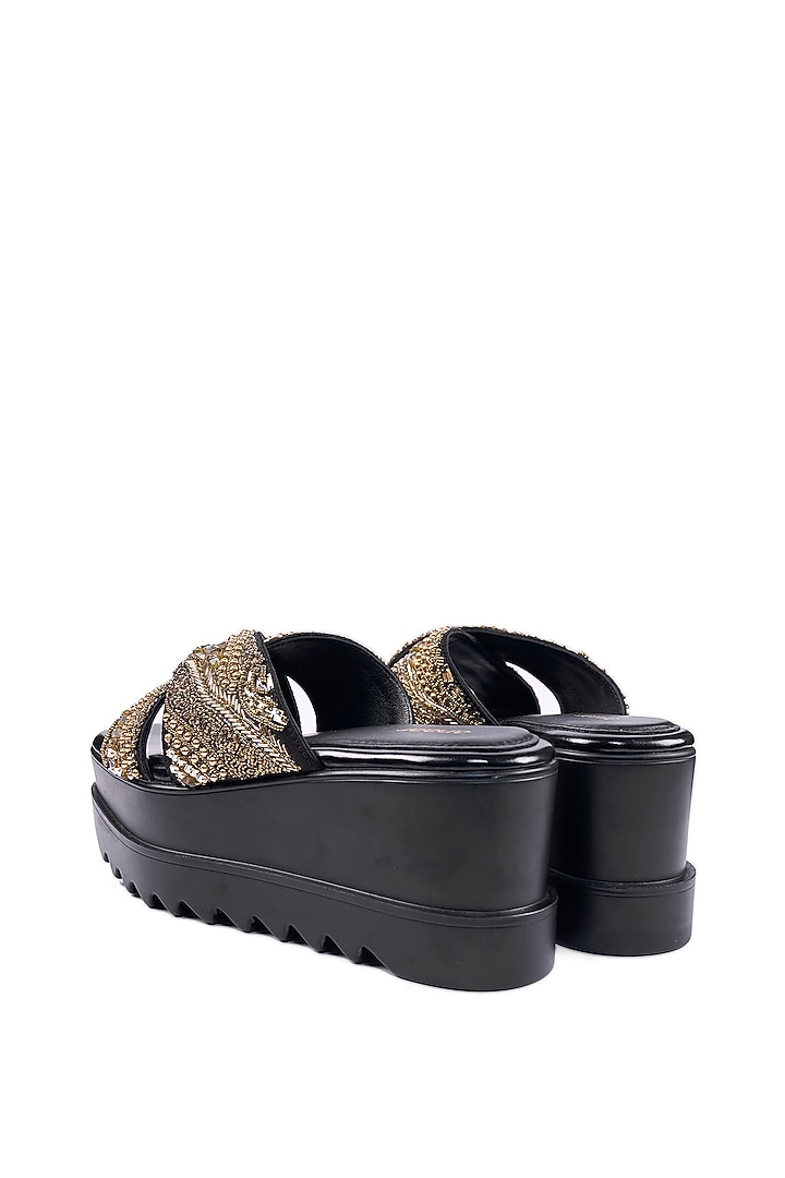 Black Satin Sequins & Cutdana Hand Embroidered Wedges by Anaar at Pernia's Pop Up Shop