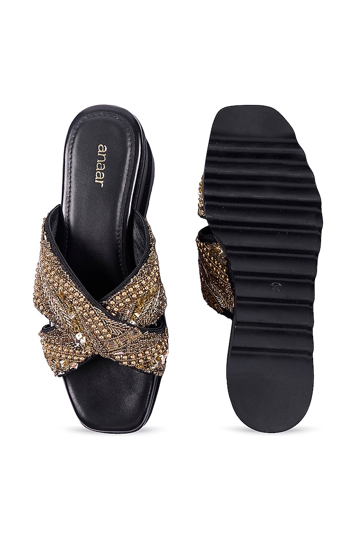 Black Satin Sequins & Cutdana Hand Embroidered Wedges by Anaar at Pernia's Pop Up Shop