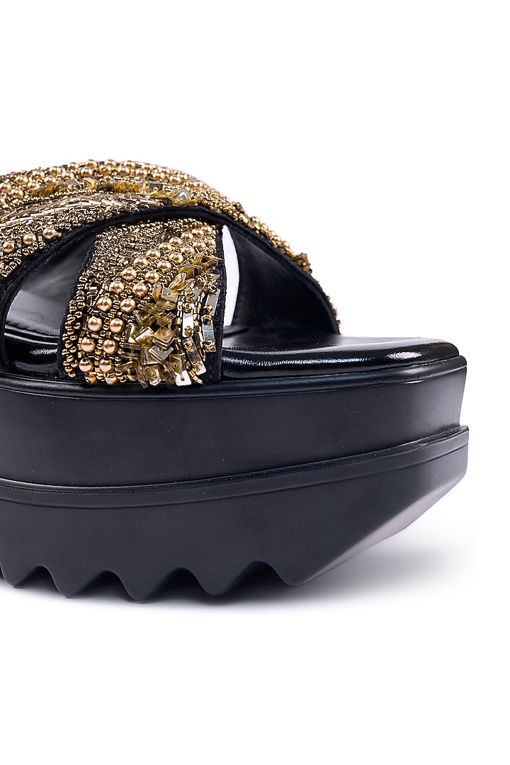 Black Satin Sequins & Cutdana Hand Embroidered Wedges by Anaar at Pernia's Pop Up Shop