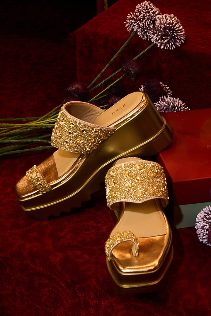 Gold Satin Mirror & Sequins Hand Embellished Kolhapuri Wedges by Anaar at Pernia's Pop Up Shop