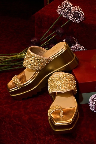 Gold Satin Mirror & Sequins Hand Embellished Kolhapuri Wedges by Anaar