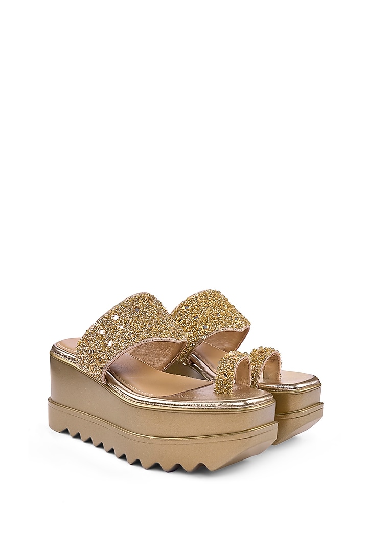 Gold Satin Mirror & Sequins Hand Embellished Kolhapuri Wedges by Anaar at Pernia's Pop Up Shop