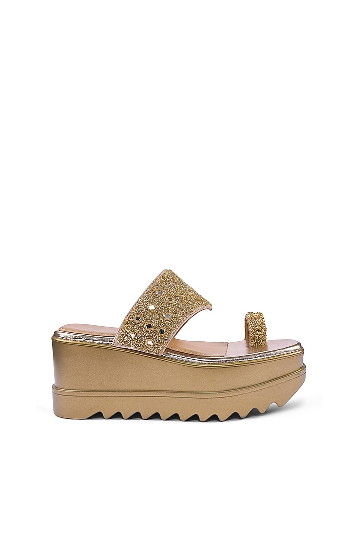 Gold Satin Mirror & Sequins Hand Embellished Kolhapuri Wedges by Anaar at Pernia's Pop Up Shop