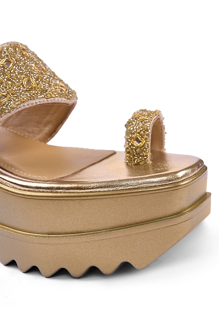 Gold Satin Mirror & Sequins Hand Embellished Kolhapuri Wedges by Anaar at Pernia's Pop Up Shop