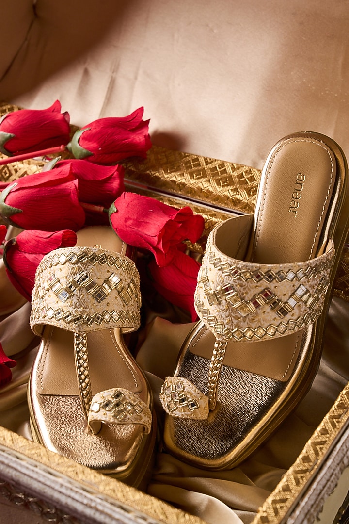Gold Brocade Mirror & Zari Hand Embroidered Kolhapuri Wedges by Anaar at Pernia's Pop Up Shop