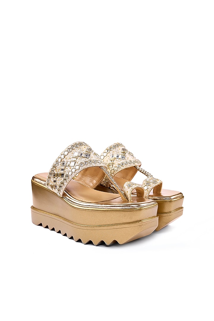 Gold Brocade Mirror & Zari Hand Embroidered Kolhapuri Wedges by Anaar at Pernia's Pop Up Shop