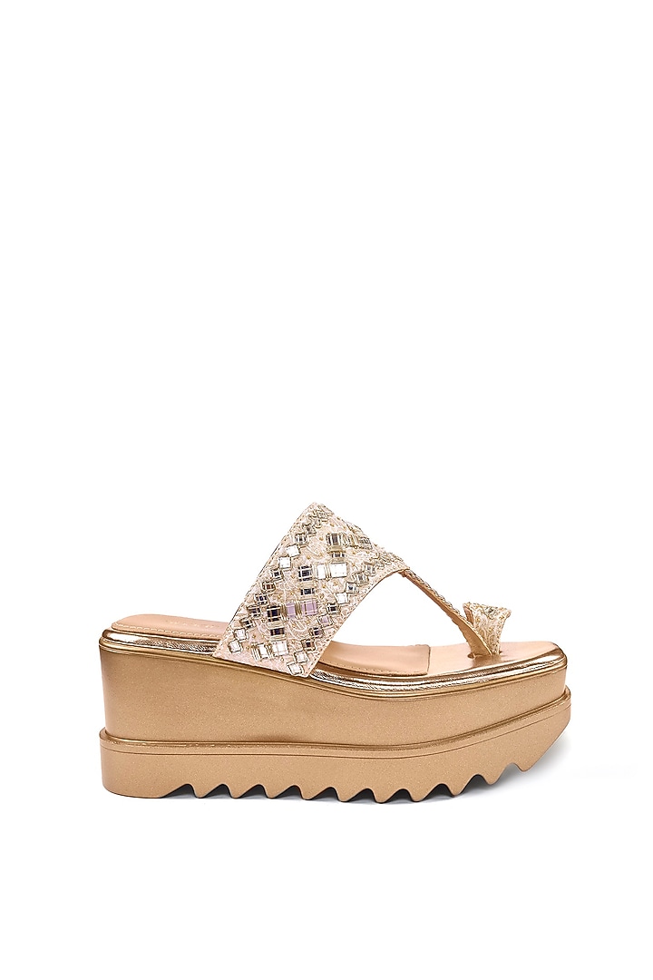 Gold Brocade Mirror & Zari Hand Embroidered Kolhapuri Wedges by Anaar at Pernia's Pop Up Shop