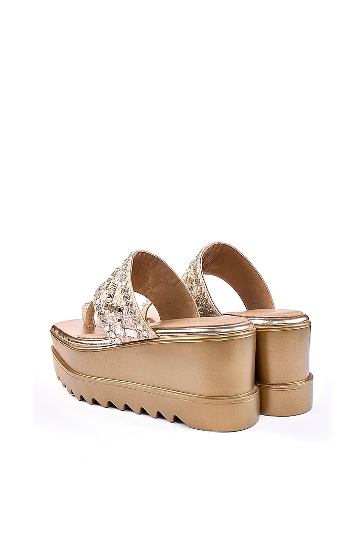 Gold Brocade Mirror & Zari Hand Embroidered Kolhapuri Wedges by Anaar at Pernia's Pop Up Shop