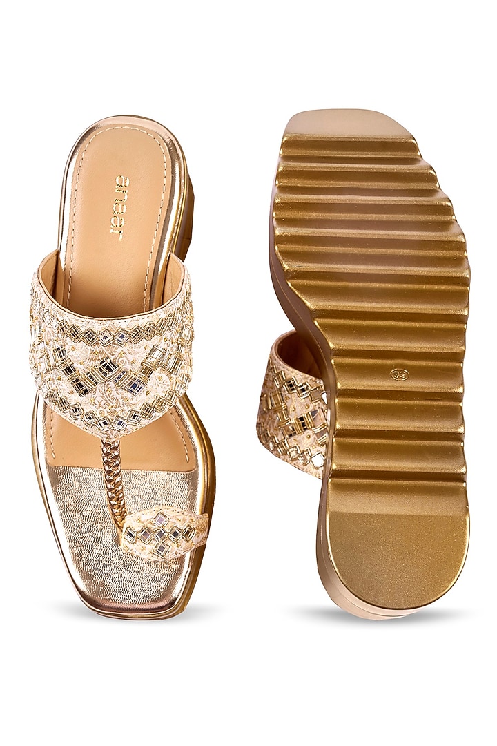 Gold Brocade Mirror & Zari Hand Embroidered Kolhapuri Wedges by Anaar at Pernia's Pop Up Shop