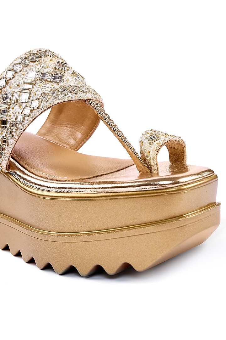 Gold Brocade Mirror & Zari Hand Embroidered Kolhapuri Wedges by Anaar at Pernia's Pop Up Shop