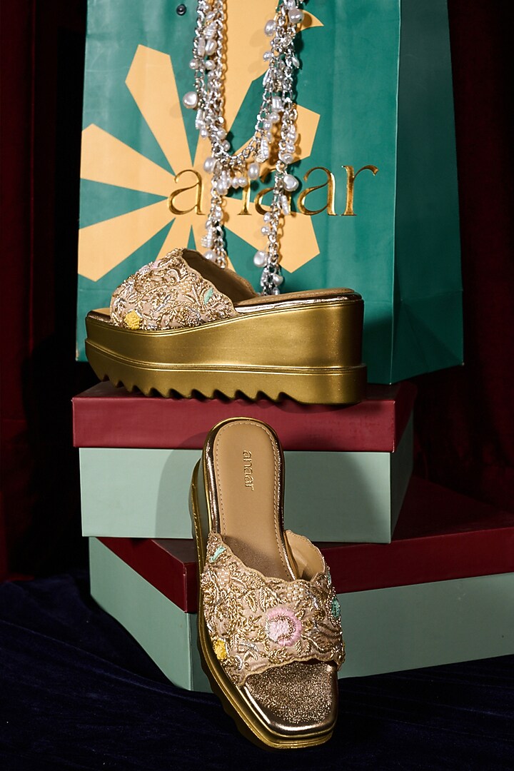 Gold Satin Resham Thread & Zardosi Hand Embroidered Wedges by Anaar at Pernia's Pop Up Shop