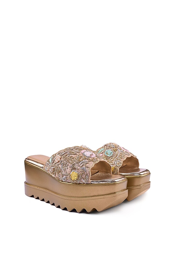 Gold Satin Resham Thread & Zardosi Hand Embroidered Wedges by Anaar at Pernia's Pop Up Shop