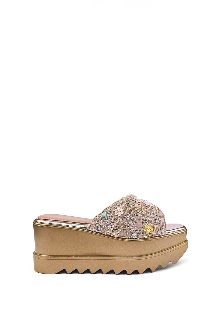 Gold Satin Resham Thread & Zardosi Hand Embroidered Wedges by Anaar at Pernia's Pop Up Shop