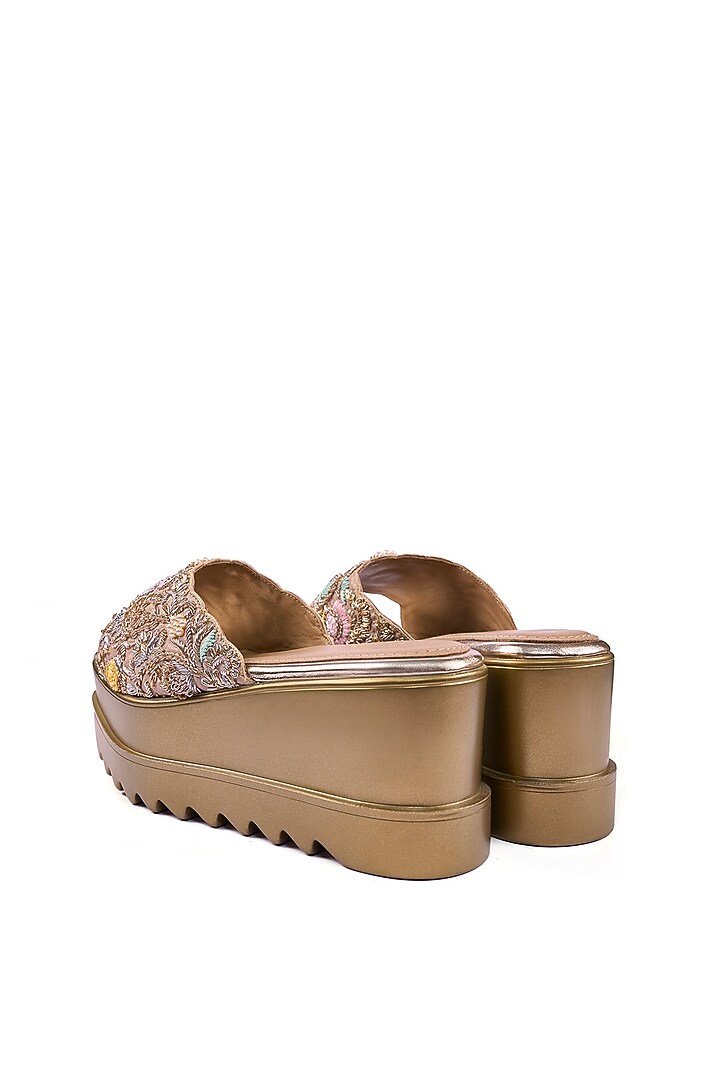 Gold Satin Resham Thread & Zardosi Hand Embroidered Wedges by Anaar at Pernia's Pop Up Shop