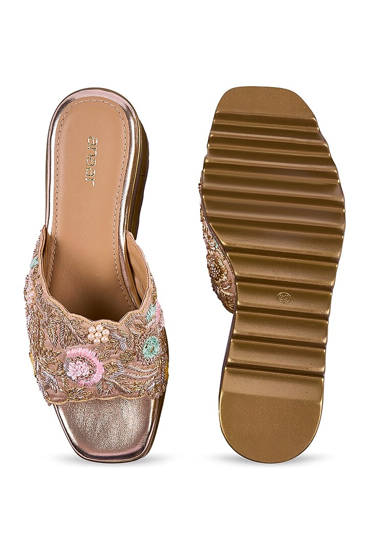 Gold Satin Resham Thread & Zardosi Hand Embroidered Wedges by Anaar at Pernia's Pop Up Shop