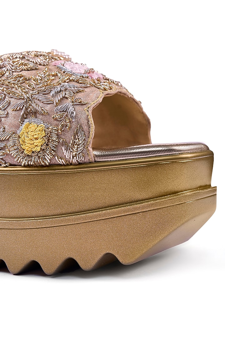 Gold Satin Resham Thread & Zardosi Hand Embroidered Wedges by Anaar at Pernia's Pop Up Shop