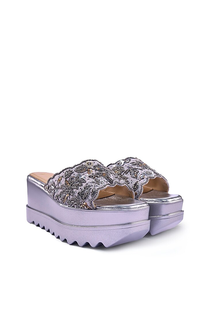 Grey Suede Textured Sequins Hand Embroidered Wedges by Anaar at Pernia's Pop Up Shop