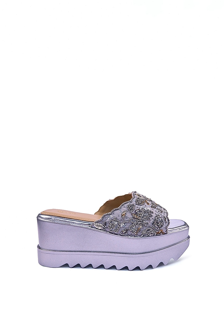 Grey Suede Textured Sequins Hand Embroidered Wedges by Anaar at Pernia's Pop Up Shop