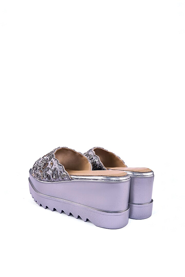 Grey Suede Textured Sequins Hand Embroidered Wedges by Anaar at Pernia's Pop Up Shop