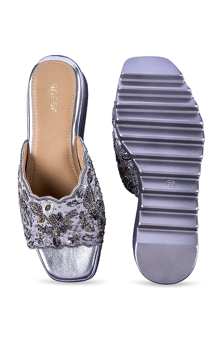 Grey Suede Textured Sequins Hand Embroidered Wedges by Anaar at Pernia's Pop Up Shop