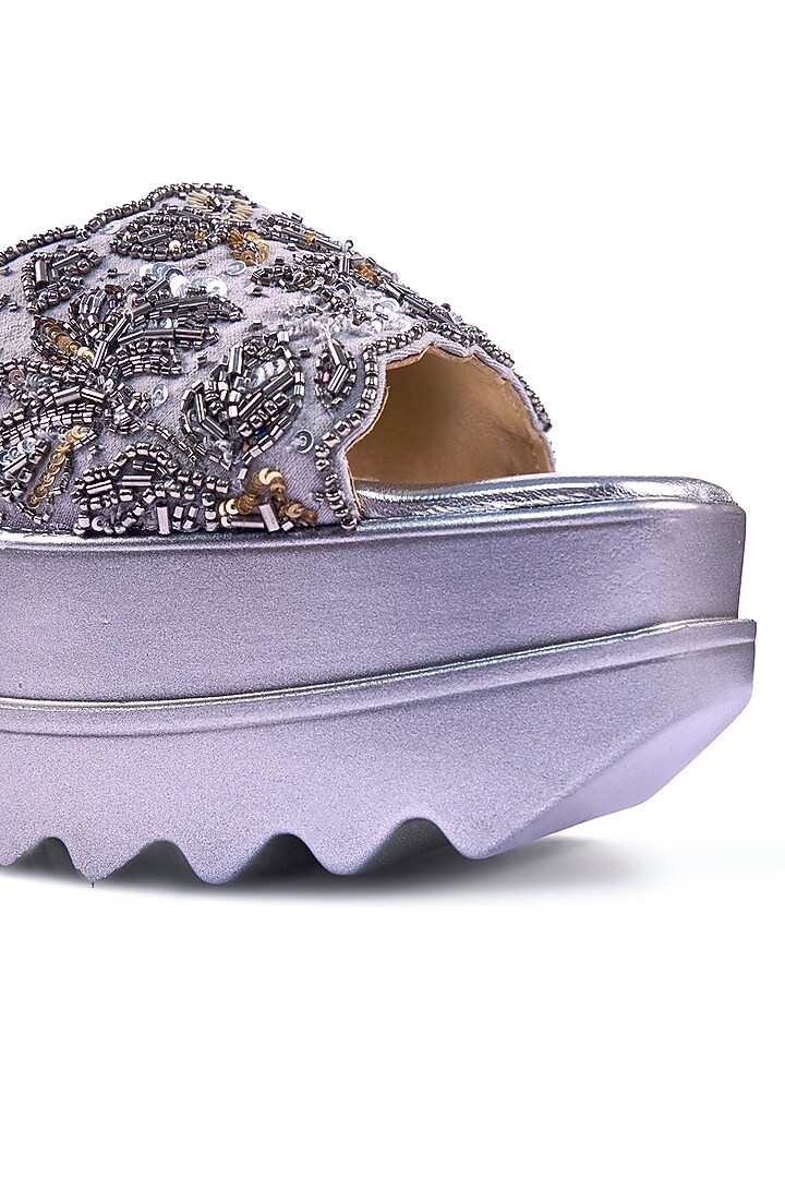 Grey Suede Textured Sequins Hand Embroidered Wedges by Anaar at Pernia's Pop Up Shop