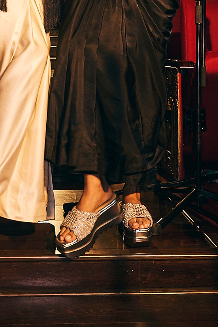 Silver Suede Textured Sequins Hand Embroidered Wedges by Anaar at Pernia's Pop Up Shop