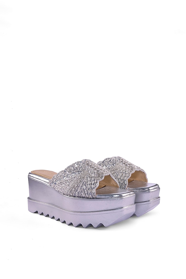 Silver Suede Textured Sequins Hand Embroidered Wedges by Anaar at Pernia's Pop Up Shop