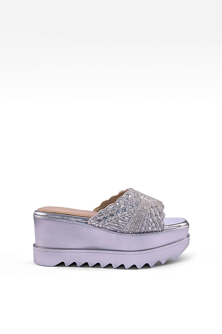 Silver Suede Textured Sequins Hand Embroidered Wedges by Anaar at Pernia's Pop Up Shop