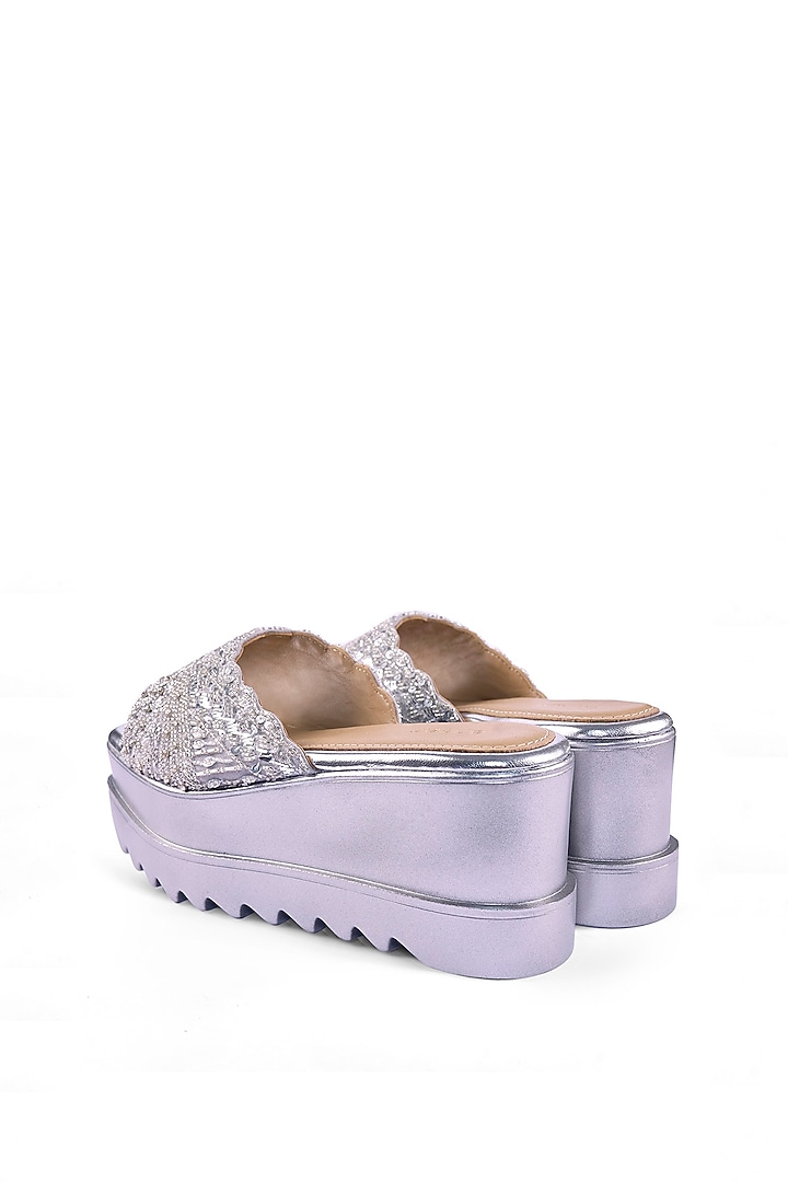 Silver Suede Textured Sequins Hand Embroidered Wedges by Anaar at Pernia's Pop Up Shop